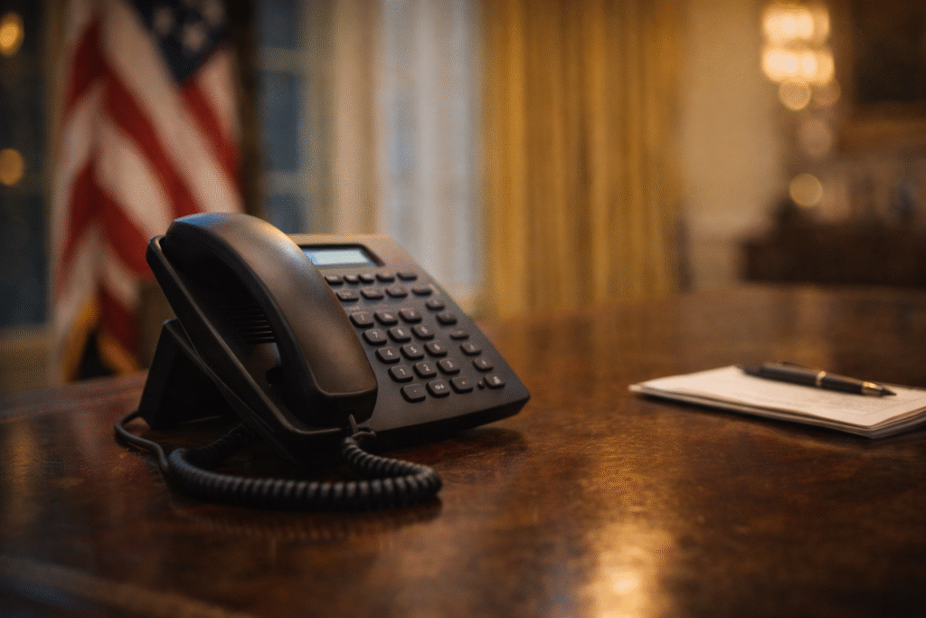 Close-up of a phone on a polished desk in a White House office, symbolizing President Trump’s heartfelt call informing the parents of fallen Army Staff Sgt. Michael Ollis that their son will receive the Medal of Honor.