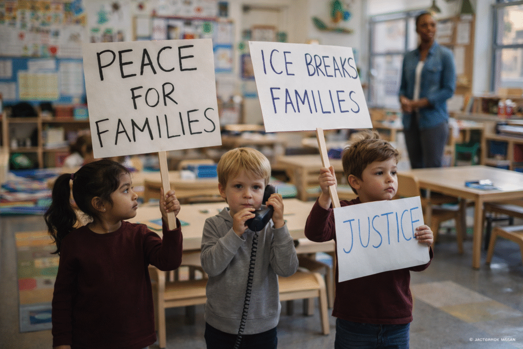 Photo-style image of young preschool children holding neutral handmade signs in a classroom, with a teacher nearby.