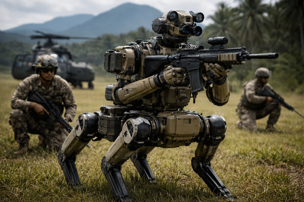 A field exercise shows an autonomous military robot equipped with sensors and weapon mount alongside soldiers during a Pacific region training demonstration.