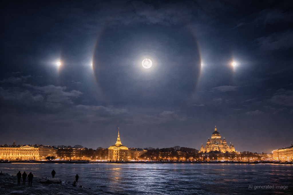 Night sky above St. Petersburg with the Moon and paraselene light spots creating the appearance of multiple moons in a rare atmospheric optical display