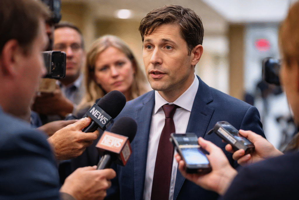 Minneapolis Mayor Jacob Frey speaking to reporters during a press conference as microphones are held toward him, addressing questions on immigration enforcement and city policy.