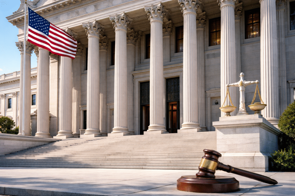 Exterior view of an American courthouse with classical columns, symbolizing judicial accountability and constitutional law.