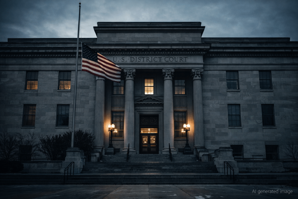 U.S. District Court building exterior with American flag at half-mast under early evening sky