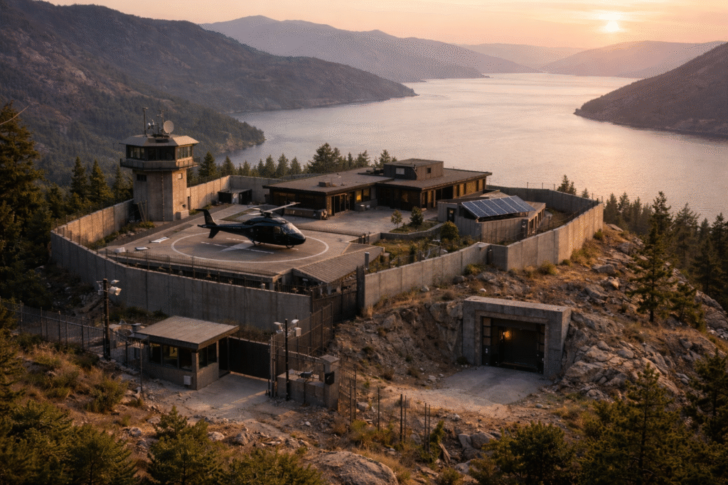 High-security luxury estate with tall concrete walls, helipad, surveillance tower, and underground bunker overlooking a remote mountainous lake landscape at sunset.