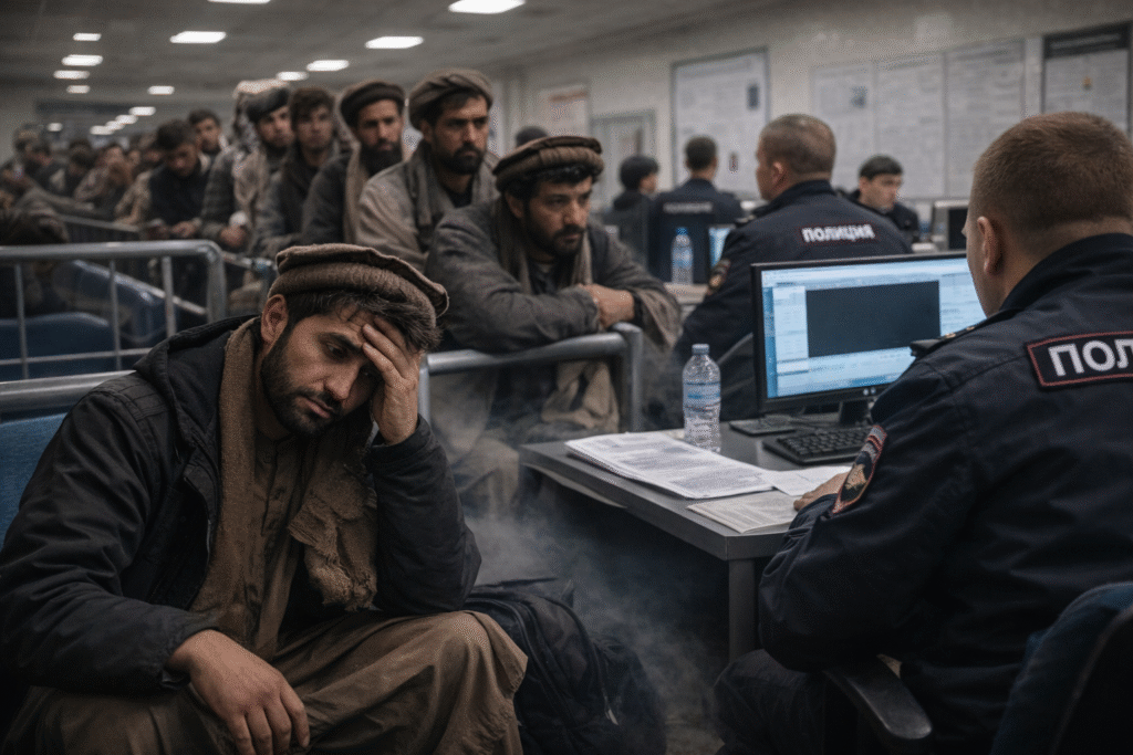 Afghan migrant men waiting inside a government immigration office as a uniformed officer reviews documents at a desk, with individuals seated in a line under fluorescent lighting.