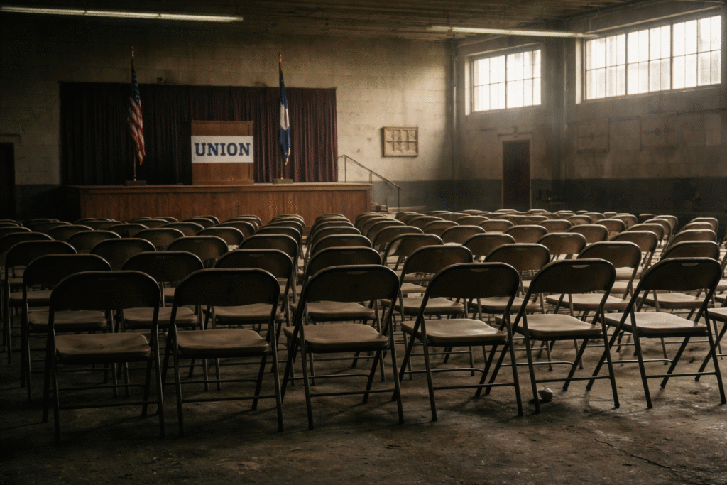 Empty union hall interior with rows of vacant chairs, symbolizing declining union influence and opposition to organized labor power.