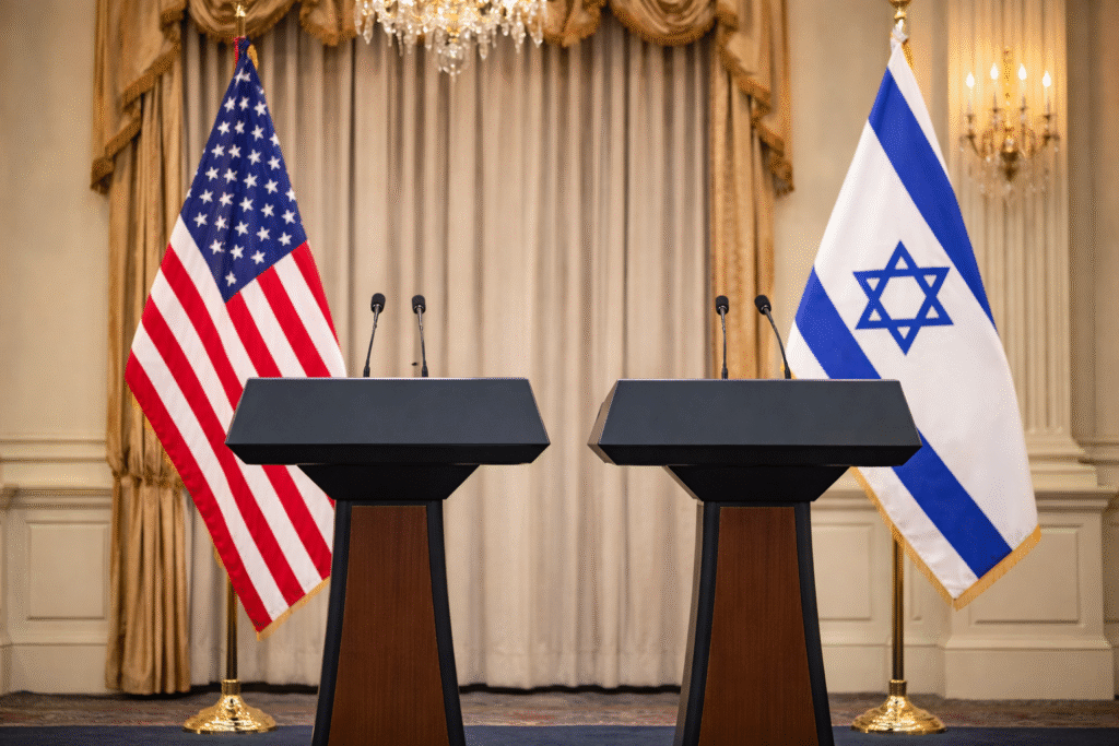 Flags of the United States and Israel behind empty podiums at a formal briefing room, symbolizing discussions between the two nations on Iran tensions.