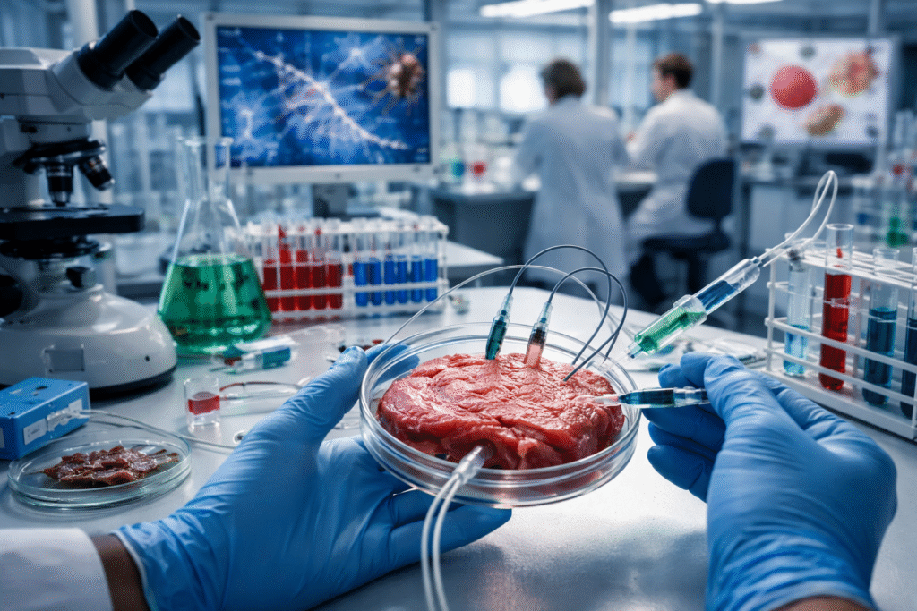 Realistic laboratory scene showing gloved hands holding a petri dish of raw meat connected to syringes and tubes, with microscopes and scientists working in the background.