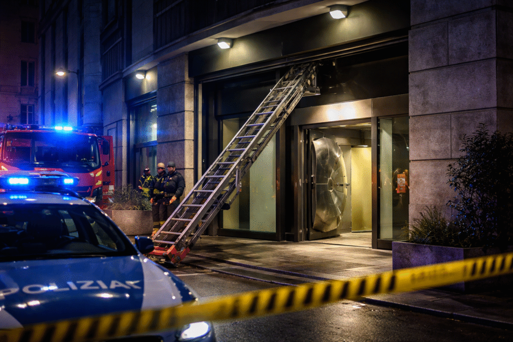 Exterior of a UniCredit bank at night in Milan with emergency lights and a firefighters’ ladder near the vault entrance.