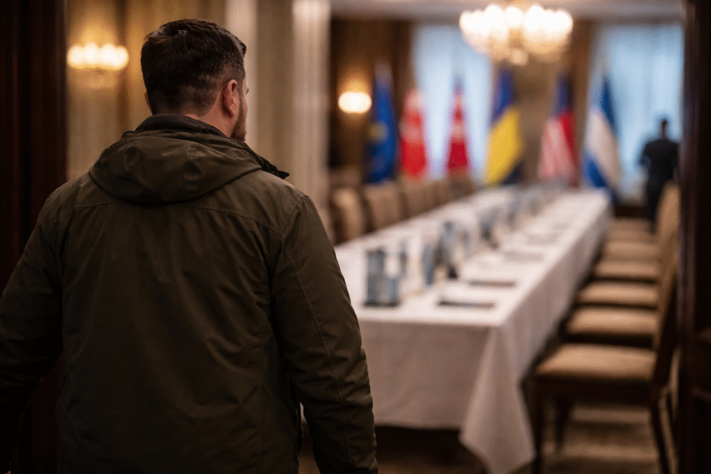 Ukrainian president seen from behind as he exits a formal diplomatic negotiation room with a long table and international flags, symbolizing walkout from Geneva peace talks.