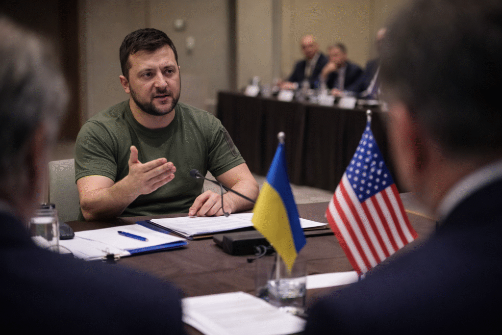 Ukrainian President Volodymyr Zelensky seated at a negotiation table with Ukrainian and U.S. flags, speaking during diplomatic talks with American officials.