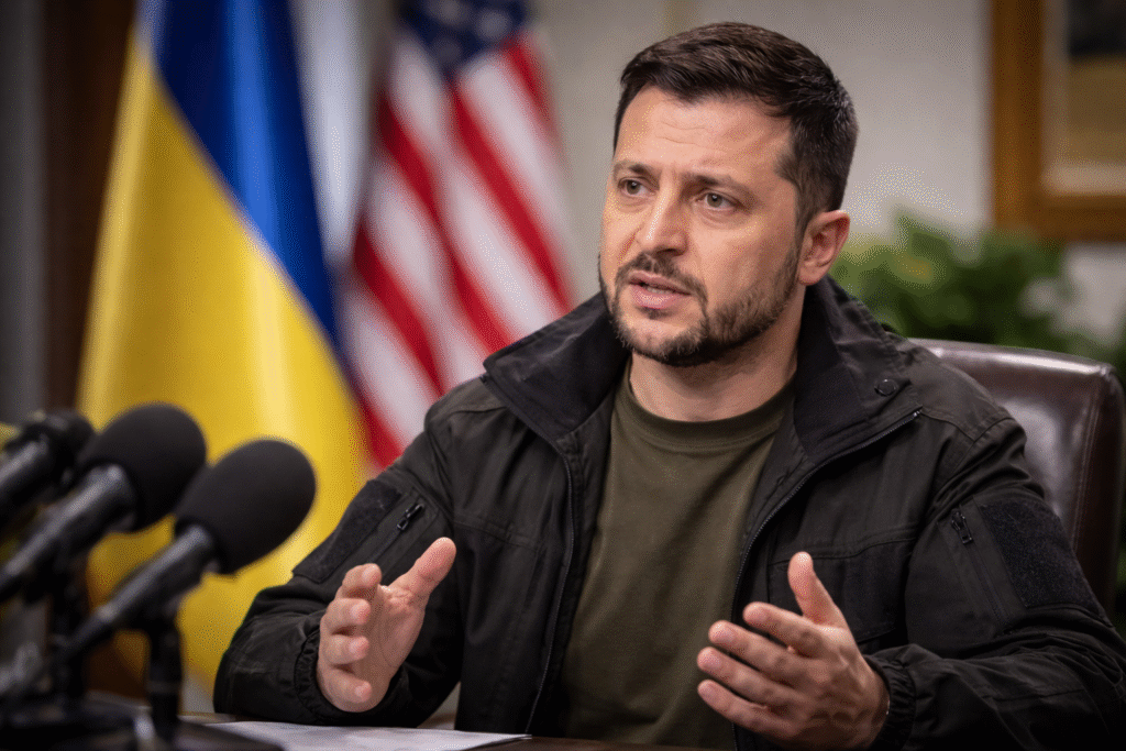 Ukrainian President Volodymyr Zelenskyy speaks in an interview with microphones and flags in the background, symbolizing international political dialogue.