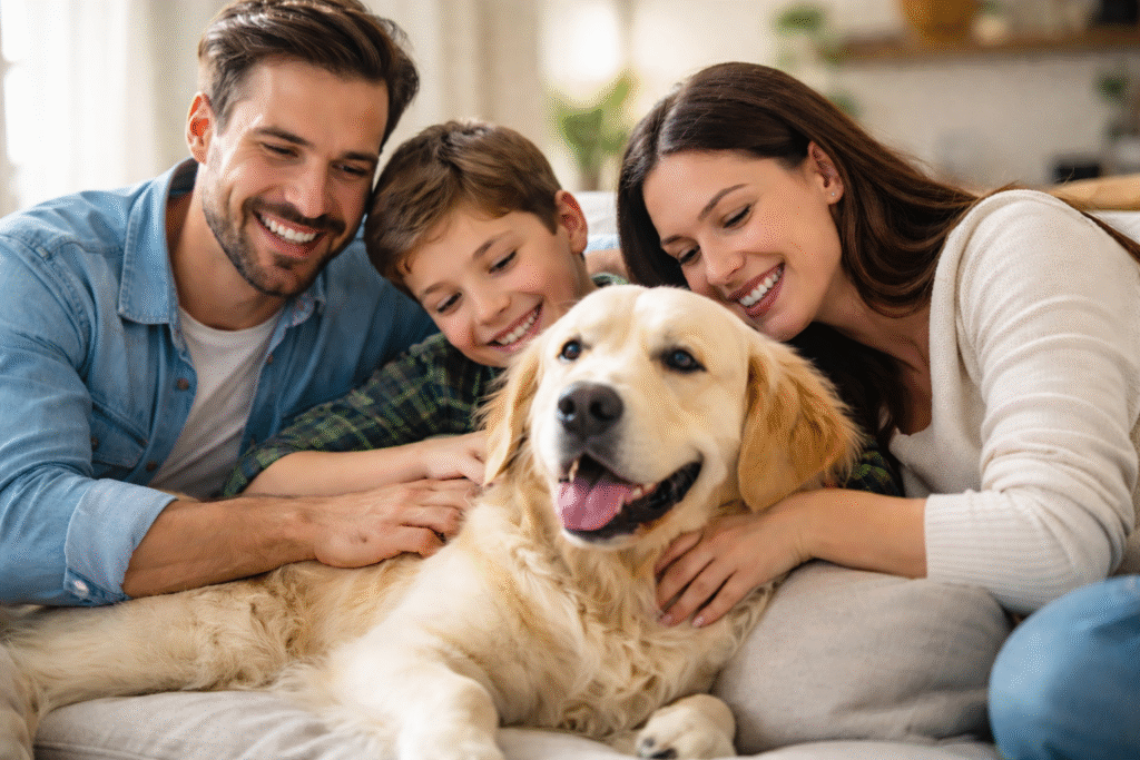 Smiling family of three sitting on a sofa in a bright living room, cuddling and petting their golden retriever indoors.