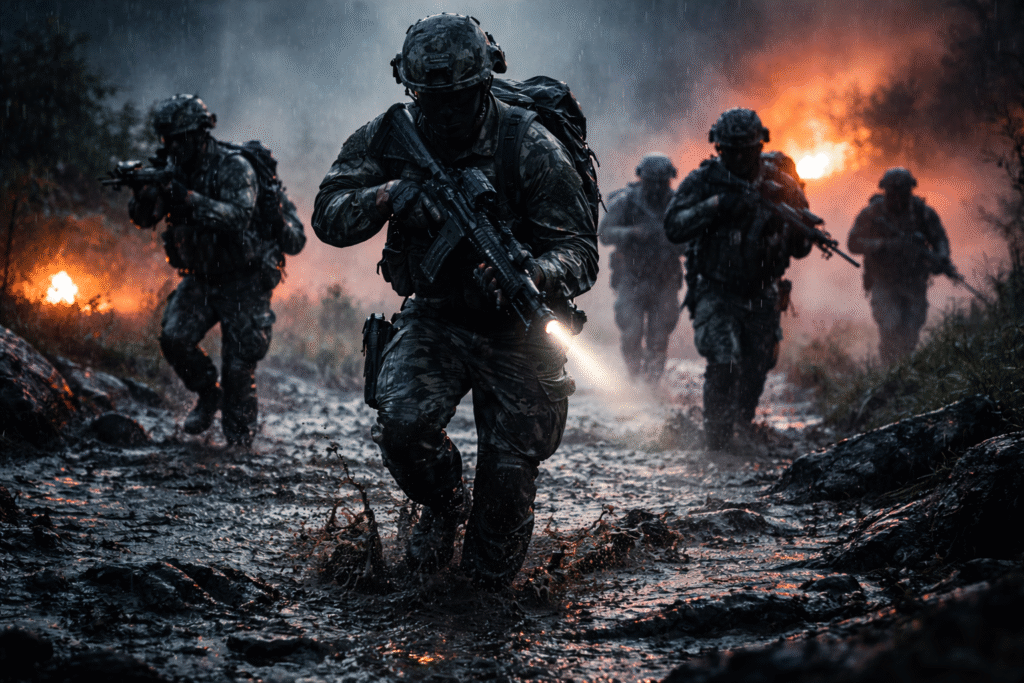 Group of armed soldiers moving through deep mud in a dark, rain-soaked battlefield, partially silhouetted by fire and smoke in the background.