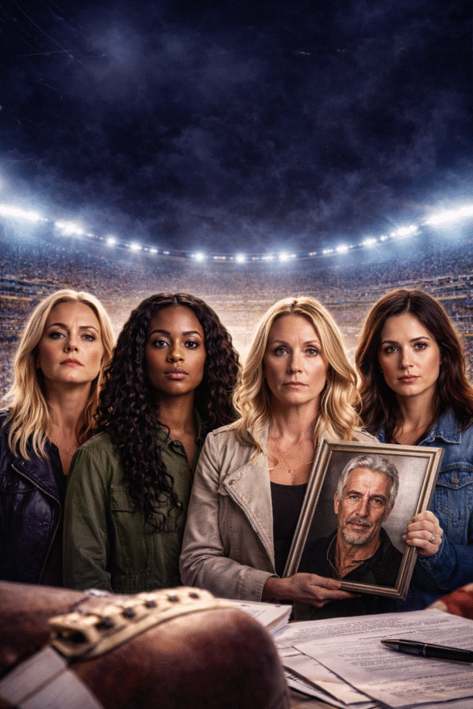 Four women standing together in front of a brightly lit football stadium at night, serious expressions, with legal documents and a football in the foreground and one woman holding a framed photo.