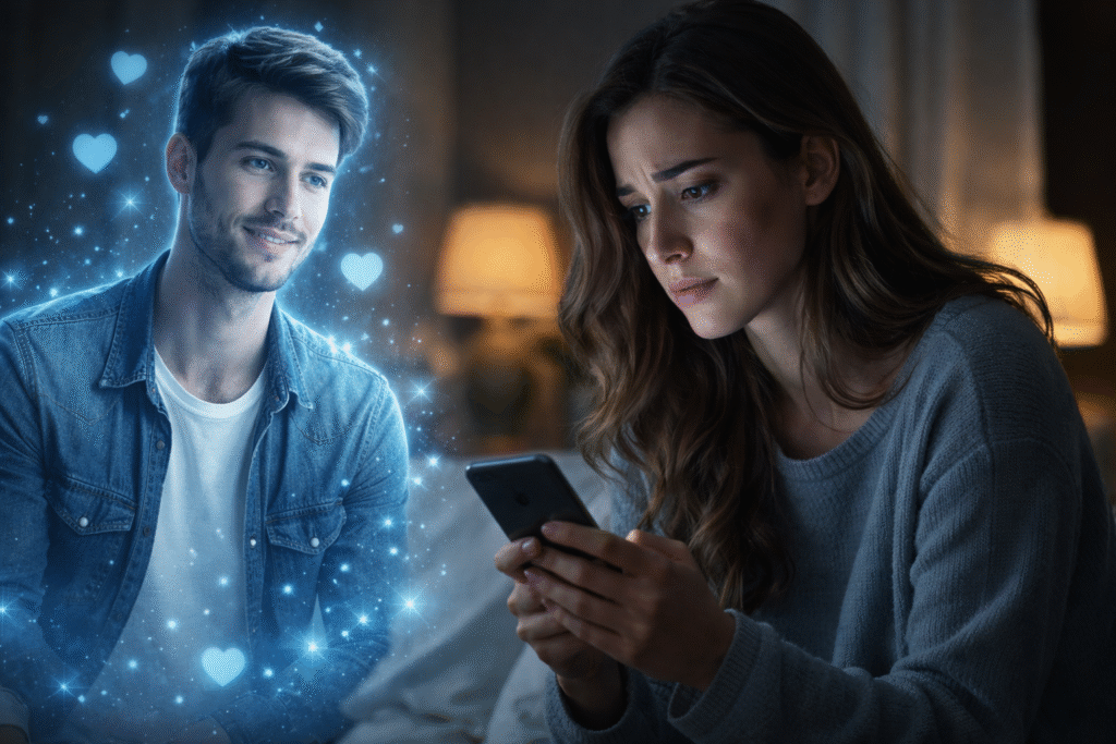 Woman looking at smartphone while holographic male AI companion appears beside her, symbolizing emotional connection with a virtual partner.