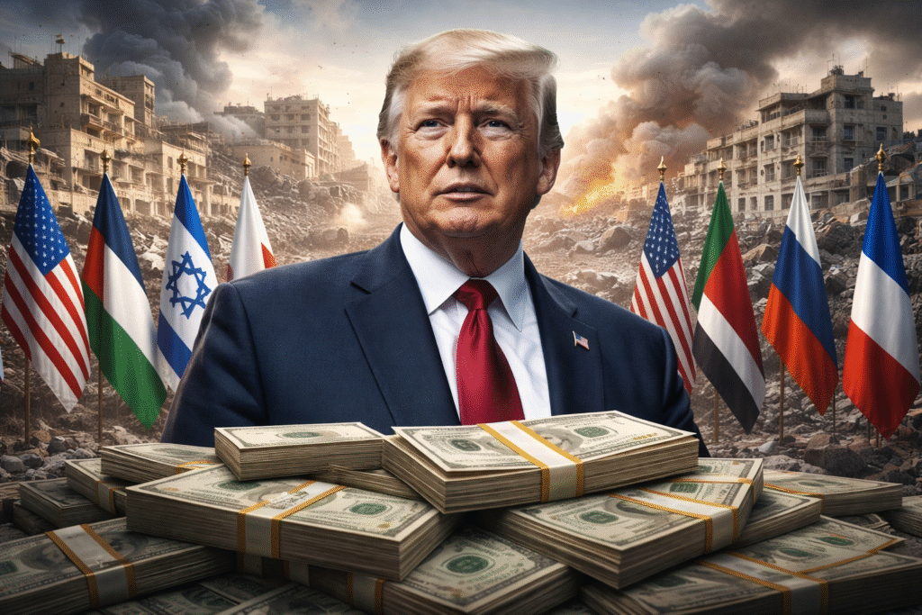 President Donald Trump standing before Gaza rubble with international flags and stacks of cash symbolizing reconstruction funding.