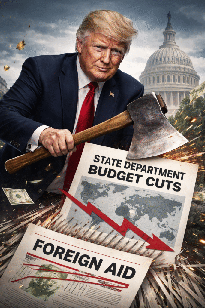 President Donald Trump holding an axe over government budget documents with the US Capitol in the background and papers and currency flying as symbols of State Department and foreign aid cuts.