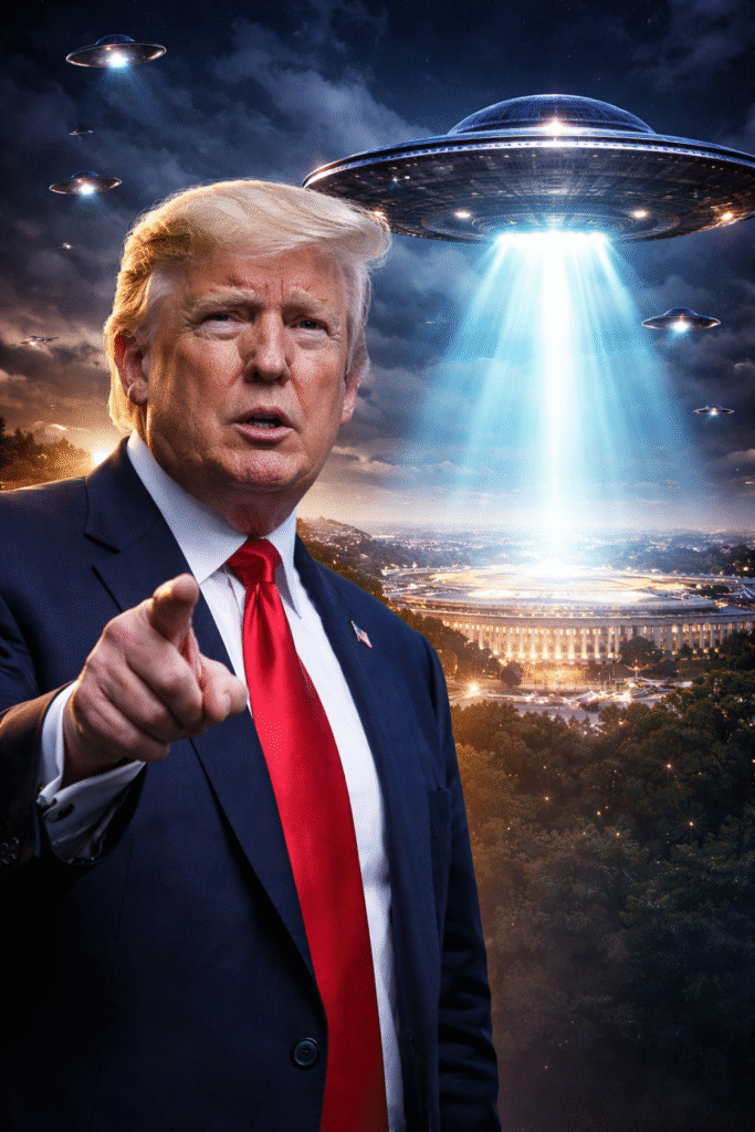 Pentagon at night beneath a large unidentified flying object emitting a bright beam of light, with additional aircraft visible in the sky above.