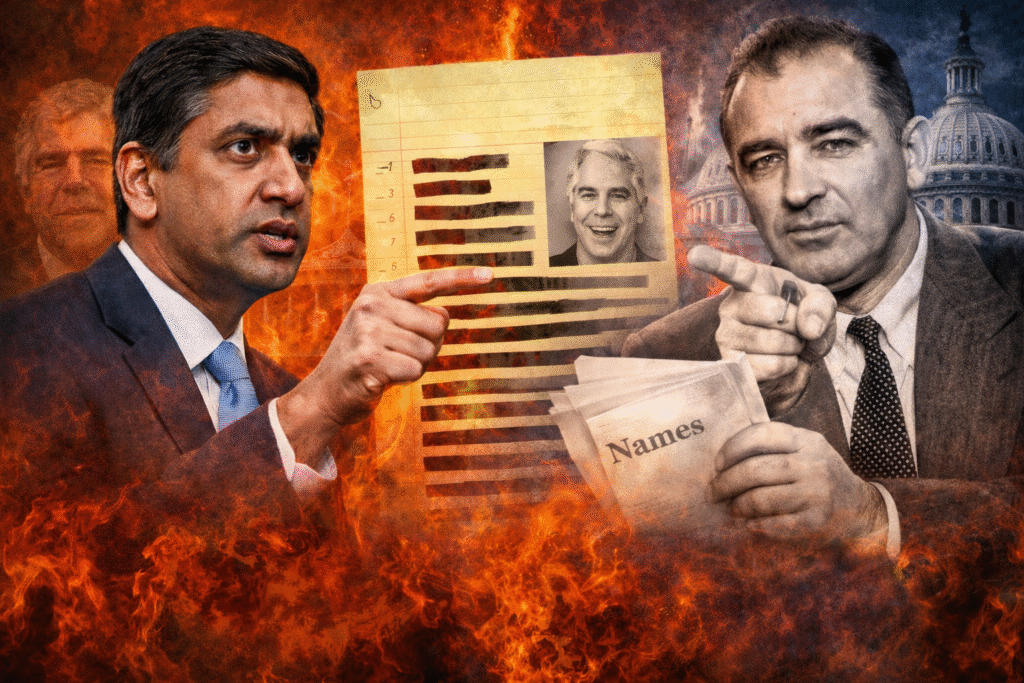 Composite image showing two politicians facing each other in a heated confrontation, with a redacted document and Capitol building in the background, symbolizing political accusations and investigations.