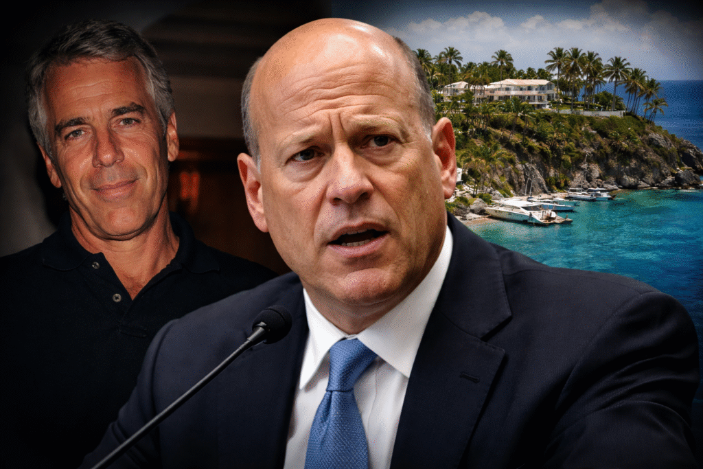 Commerce Secretary Howard Lutnick speaking at a microphone with a split background showing Jeffrey Epstein and a tropical private island coastline.