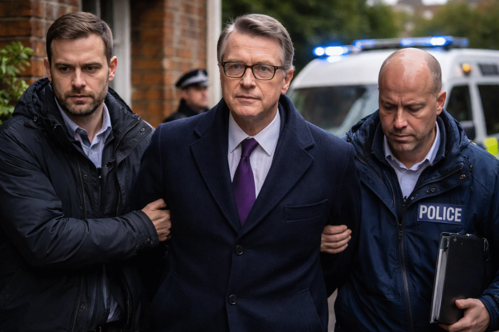 British politician escorted by officers during an arrest outside a residential building with a police vehicle in the background.