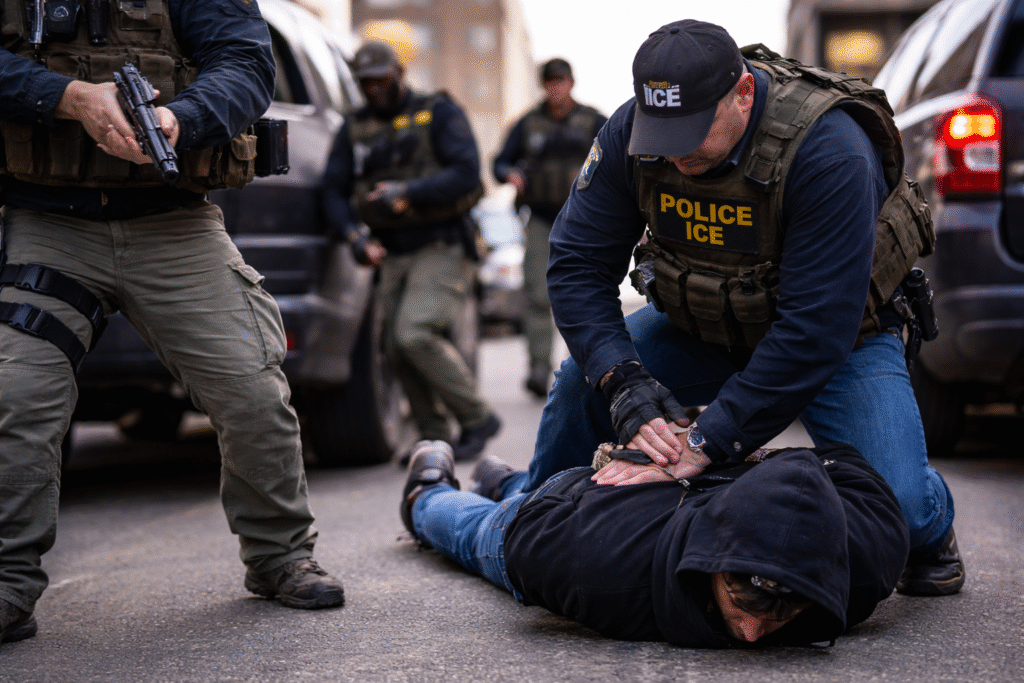 Federal immigration agents detain an activist on a Minneapolis street, with officers restraining the individual on the ground while other agents stand nearby during an enforcement operation.