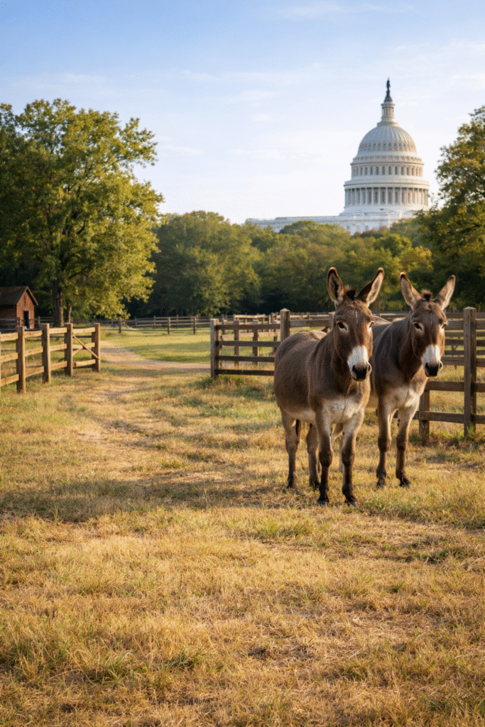 Donkeys standing in a fenced pasture with dry grass and farmland, with the U.S. Capitol visible beyond a tree line in the background.