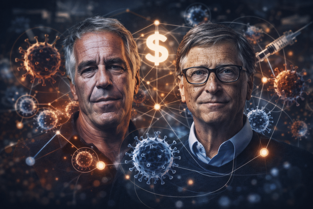 Composite illustration showing Jeffrey Epstein and Bill Gates side by side against a dark background of interconnected virus imagery, financial symbols, syringes, and network lines representing global health, finance, and pandemic-related systems.