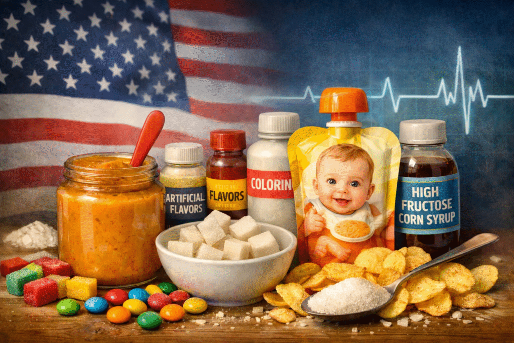 Assorted ultra-processed baby foods and additives on a table, including a baby food jar, pouch, sugar cubes, chips, and ingredient bottles with a U.S. flag in the background.