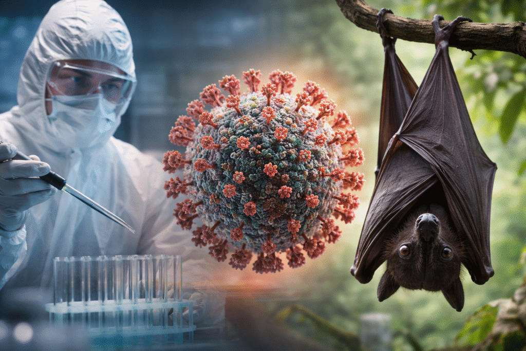 Scientist handling samples in a laboratory beside a detailed rendering of the Nipah virus and a fruit bat hanging from a tree branch, illustrating sources and research linked to the virus.