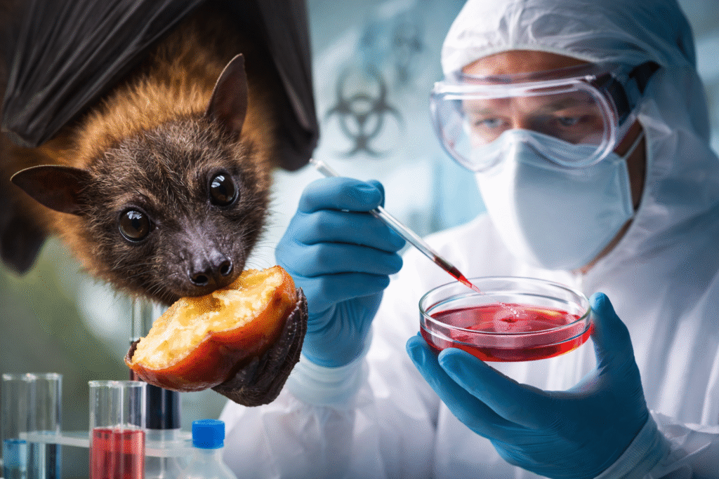 Fruit bat eating fruit beside a scientist in protective lab gear examining a red liquid sample in a laboratory setting