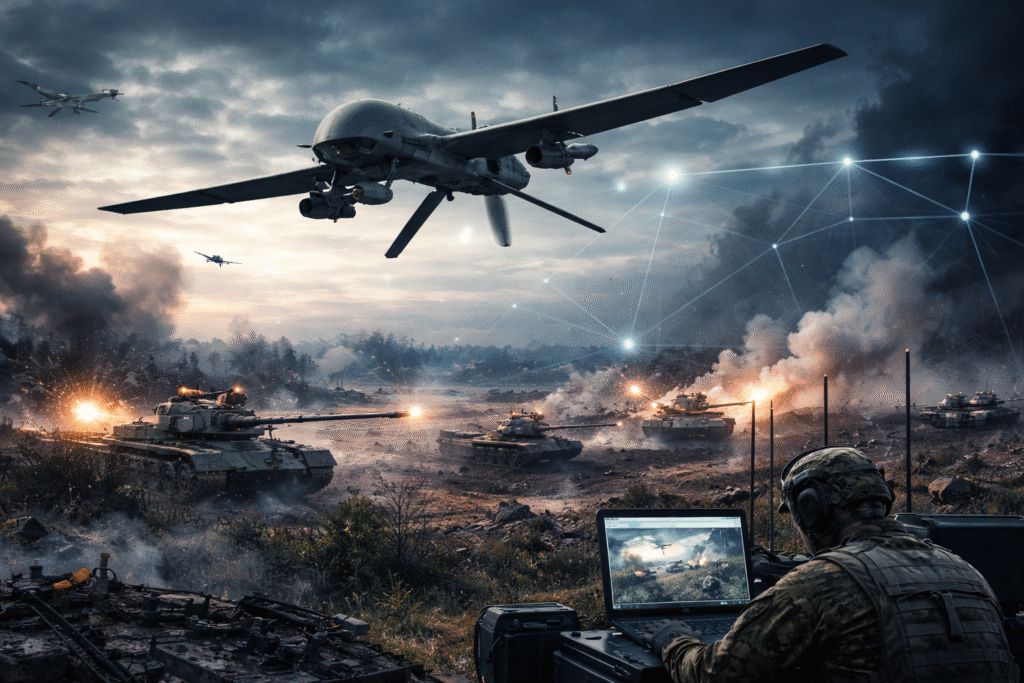 Unmanned aerial drones fly over a battlefield with armored vehicles and artillery firing below, while a ground control station monitors drone surveillance amid smoke and explosions.