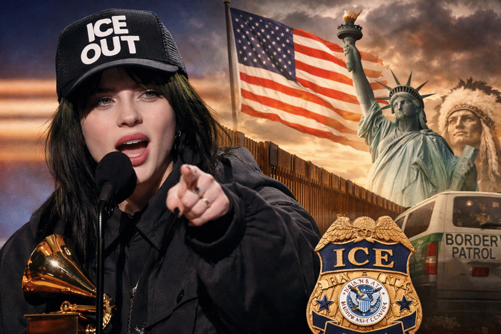 Young female pop singer speaking into a microphone while pointing forward on an awards stage, with a stylized backdrop featuring the Statue of Liberty, a U.S. border fence, and law enforcement symbols representing immigration debate.