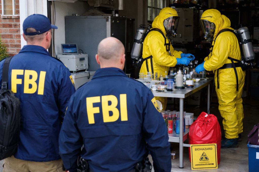 FBI agents and hazmat personnel examine laboratory equipment and sealed vials inside a residential garage during an investigation into a suspected illegal biological lab.