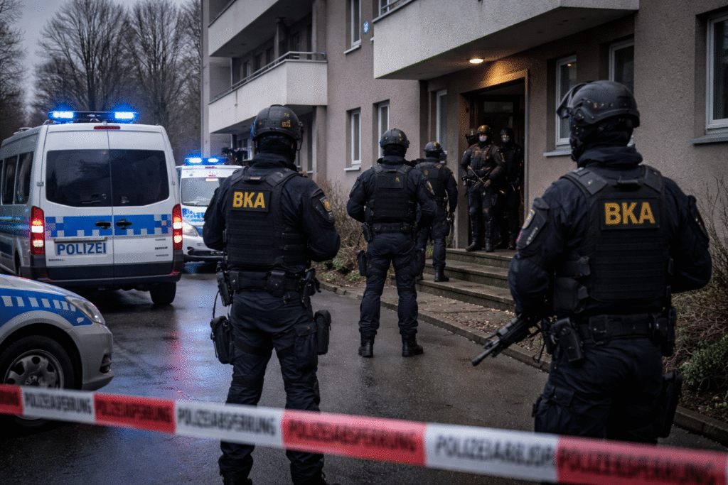 German BKA special forces officers outside an apartment building during a police operation, with police vehicles and cordoned tape visible under an overcast sky.