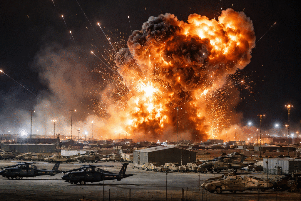Nighttime explosion at a large military air base, with a massive fireball and thick smoke rising above parked helicopters, armored vehicles, and support buildings illuminated by the blast.