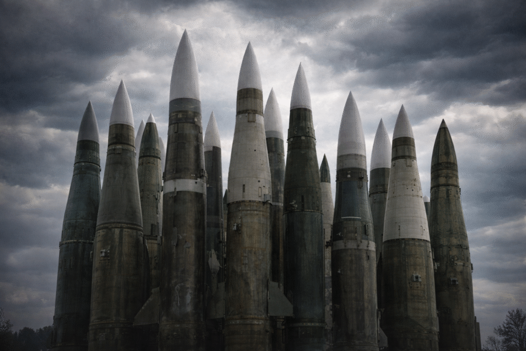 Multiple intercontinental ballistic missiles standing upright under a dark, overcast sky, symbolizing nuclear escalation and global security tensions.
