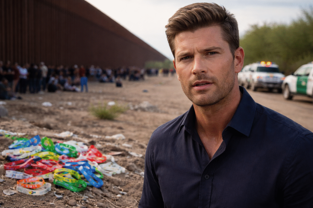 Border wall scene with migrants gathered nearby, Border Patrol vehicles in the distance, and colored wristbands scattered on the ground representing human smuggling operations.
