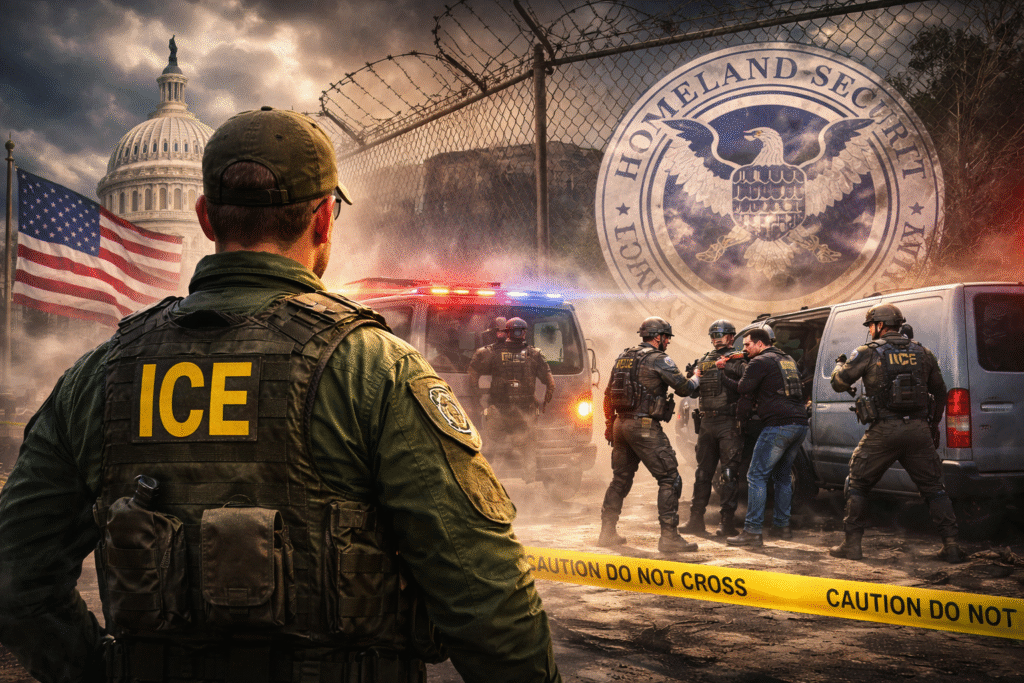 ICE agents detaining a suspect near a vehicle with U.S. Capitol, Homeland Security emblem, and border fencing in the background.