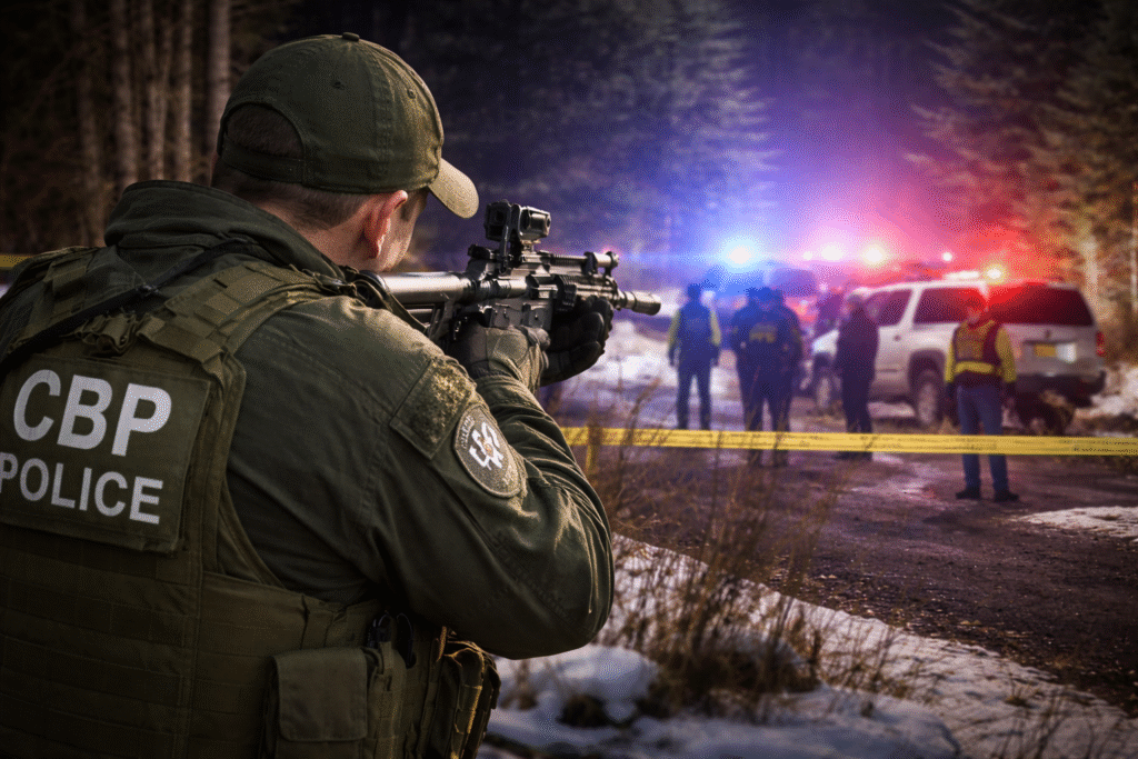 CBP agent at snowy northern border crime scene with law enforcement vehicles and investigators after armed confrontation.