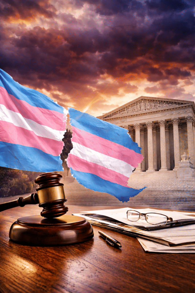 Judge’s gavel on a desk with legal papers and glasses, torn transgender flag in the foreground, and the U.S. Supreme Court building in the background under a dramatic sky.