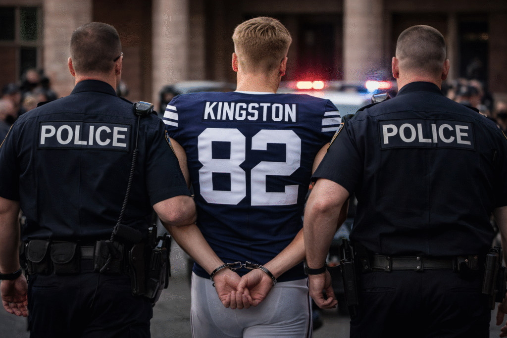 College football player in a navy jersey with hands cuffed behind his back being escorted by two police officers toward a courthouse, viewed from behind with patrol lights in the distance.