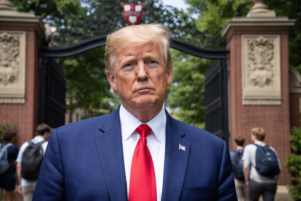 President Donald Trump standing in front of Harvard University’s main campus gates, with brick pillars, iron fencing, and students walking in the background.