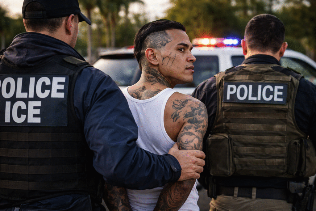 Law enforcement officers detain a tattooed male suspect beside a police vehicle with flashing lights during an arrest scene.