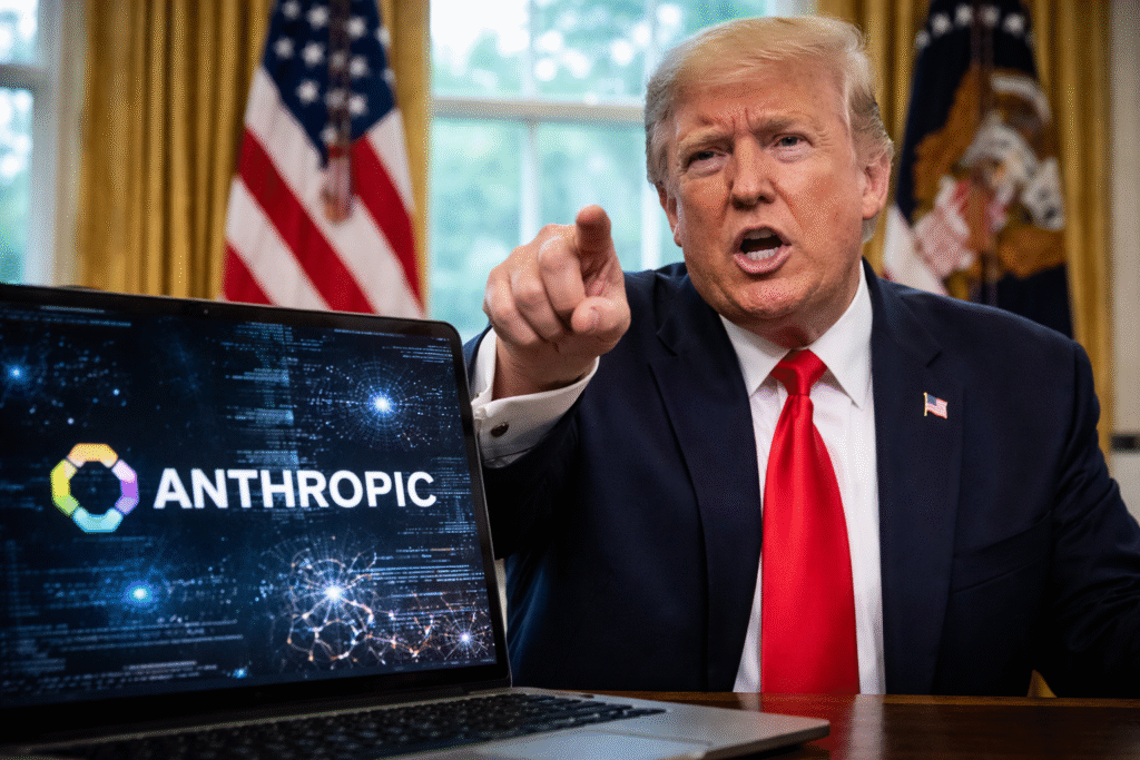 President Donald Trump pointing forward while seated at a desk in the Oval Office, with a laptop displaying an AI interface in the foreground and American flags in the background.