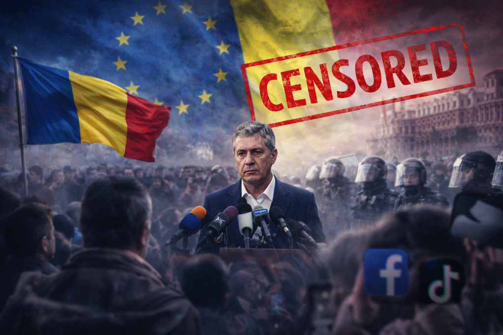 Romanian protest scene with a political figure speaking at microphones, Romanian and EU flags behind, and riot police and crowds in the background.
