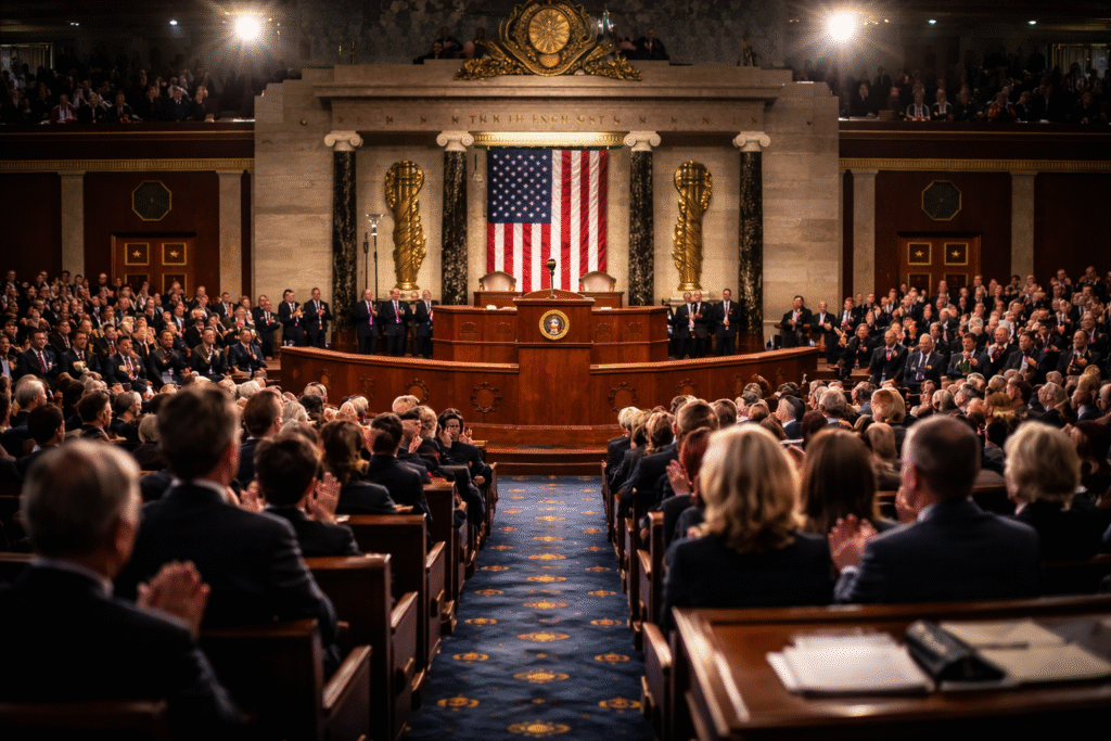 U.S. congressional chamber during a presidential address with a podium beneath a large American flag and lawmakers seated on both sides applauding.