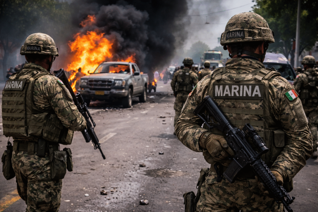 Mexican military personnel patrolling a street as a burning vehicle and heavy smoke rise in the background following a security operation.