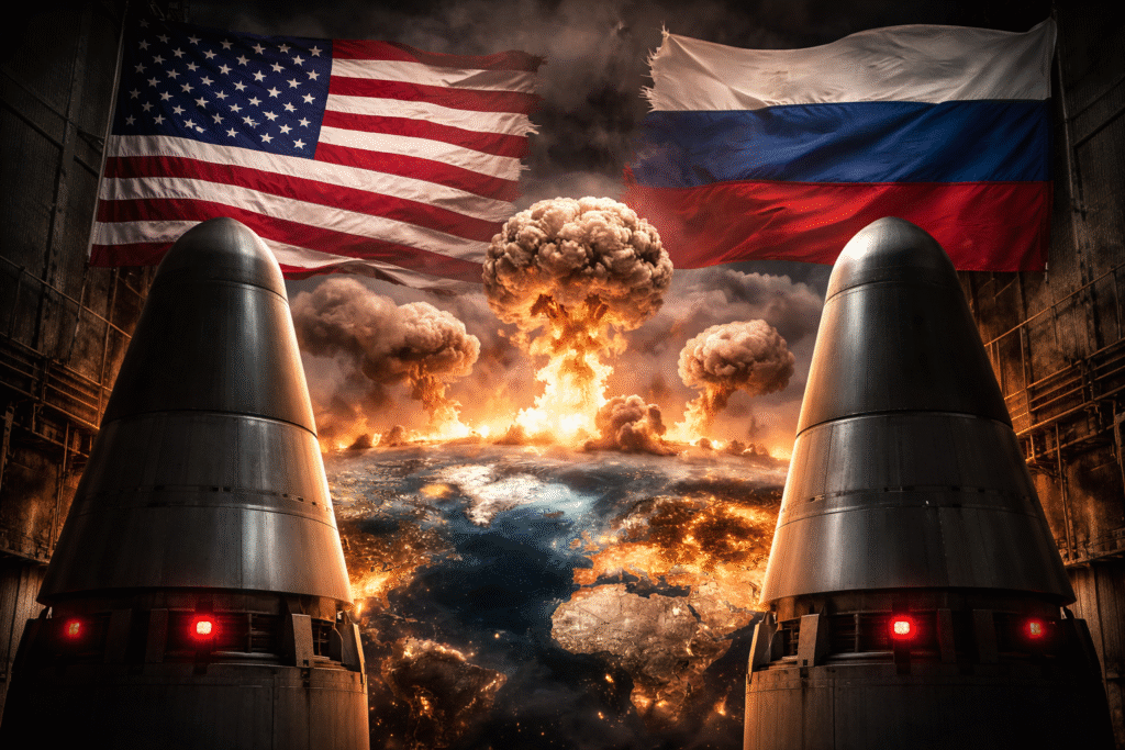 Two nuclear missiles positioned before U.S. and Russian flags, with a global map and large nuclear explosions depicted in the background.
